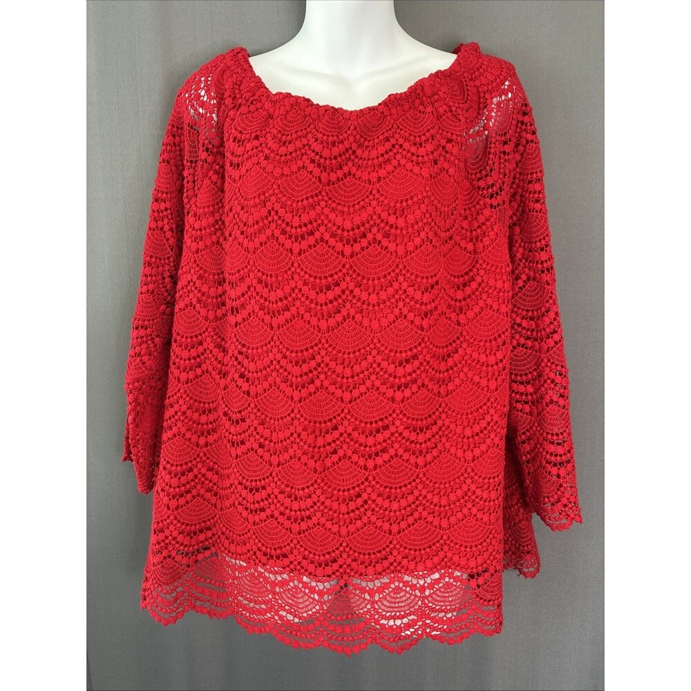 Talbots RSVP Off Shoulder Top XL Red Cotton Crochet Lace Scalloped Romantic Chic - Picture 5 of 14
